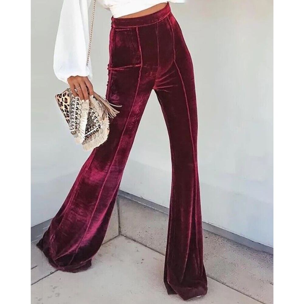Los Angeles Boutique High Waist Velvet Flare Wide Leg Pants NEW Maroon M